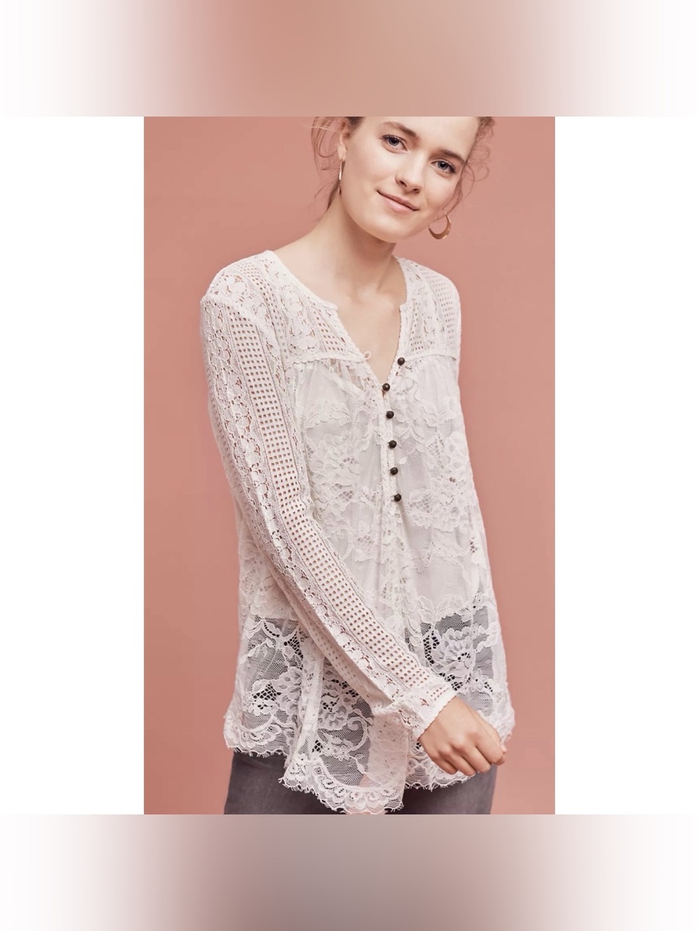 Anthropologie Floreat Cream Lace Henley Top Size 6
